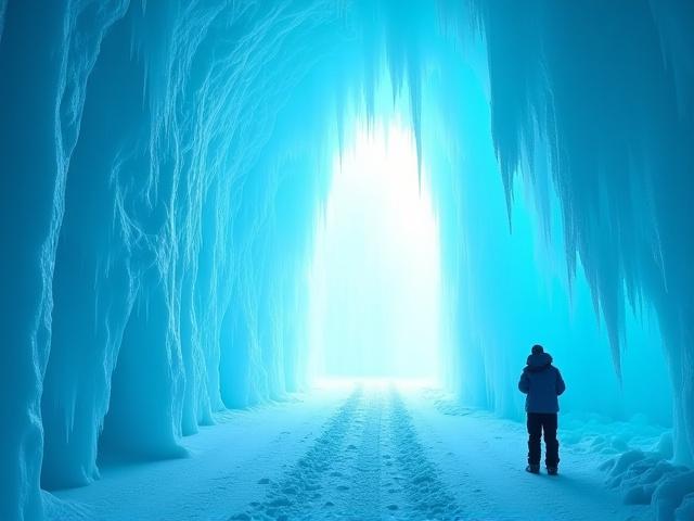 Inside a magnificent ice cave, glowing with ethereal blue light, showing intricate ice formations.